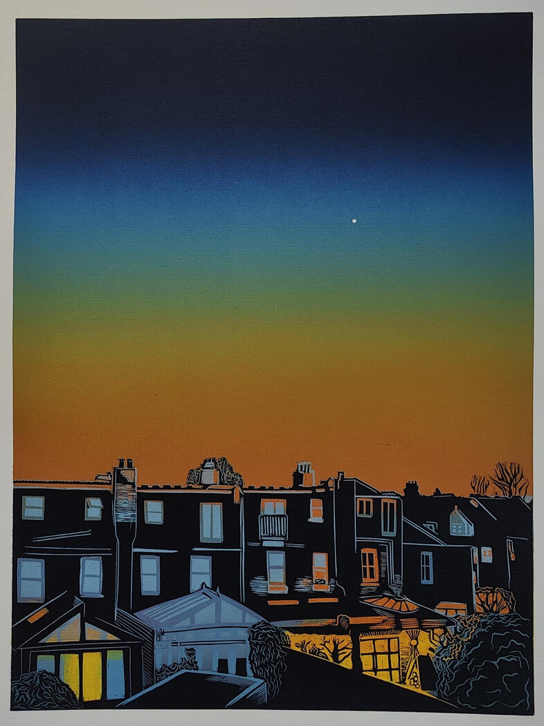 A Moment Between Night and Day - 4 layer reduction linoprint